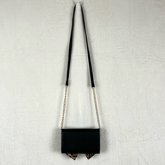 Crossi Small Bag / Crossbody Wallet on a Strap Black & Leopard Print Bow - Picture 6 of 10